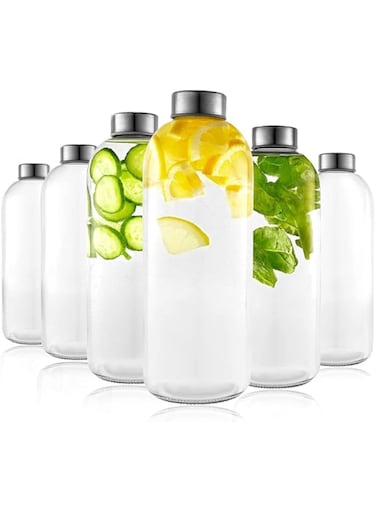 FUFU glass drinking bottle 1L glass bottle, leak-proof, with screw cap, can be used for kombucha brewing bottle, kefir, beer, soda, juice, water, transparent 1L 6pcs