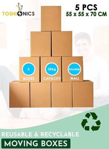 Heavy-Duty Double Wall Cardboard Boxes (55 x 55 x 70 cm) &acirc;&euro;&ldquo; Extra-Large Moving &amp; Storage Boxes, 5-Ply, Recyclable, Holds Up to 35kg &acirc;&euro;&ldquo; 5 PCS