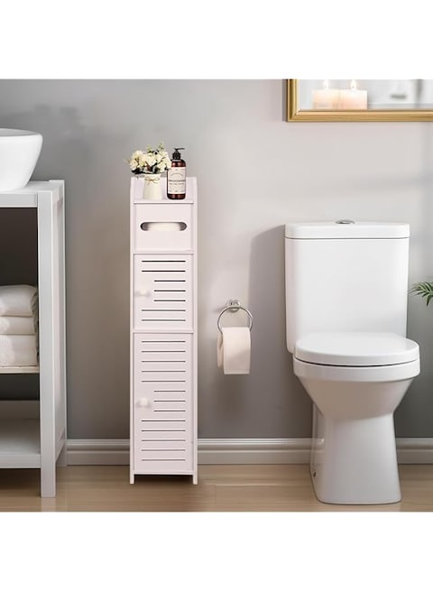 powerking Toilet Paper Holder Stand, Small Bathroom Storage Cabinet with Doors and Shelves, Slim Storage Cabinet for Bathroom Small Spaces Corner Floor - White