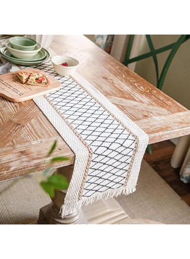 Macrame Table Runner Farmhouse Style: Natural Burlap Table Runners Cotton Lace Boho Table Runner with Tassels Pefect for Bohemian Rustic Wedding Bridal Shower Home Dining Table Decor 12 x 108 Inch
