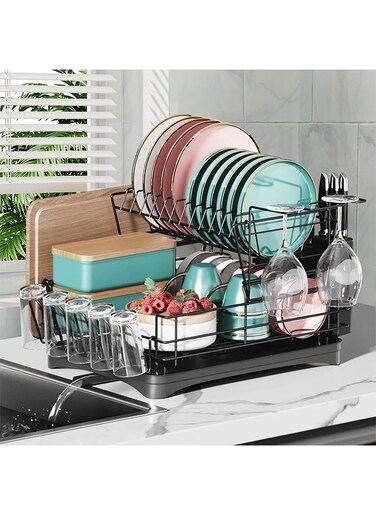 Dish Drying Rack, 2-Tier Dish Drying Stand, Rustproof Dish Drainer Dish Rack, Kitchen Plates Organizer with Utensil Holder, Cups Holder (Black)