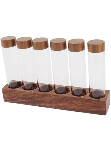 6Pcs Single Dose Coffee Bean Storage Tubes Jar 2 oz Borosilicate Glass Coffee Bean Container Cellar Sealed Airtight Coffee Canisters for Countertop with Wooden Display Stand