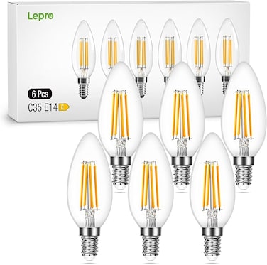 Lepro E14 LED Light Bulb, LED Candle Bulbs Small Screw, 4W 470lm, 40W Equivalent E14 C35 Bulb Vintage, Warm White 2700K, 360&deg; Beam, Non Dimmable, Filament Bulbs for Chandeliers and More, Pack of 6   Save 90% Energy, 360&deg; Beam Angle, Clear Filament, SES Small Edison Screw, E14 Candle Bulb, Non-Dimmable, 35x96mm