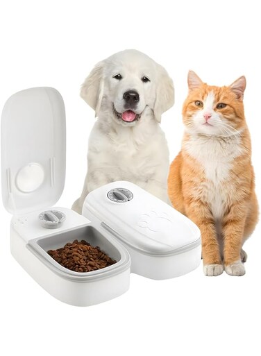Joyzzz Automatic Cat Feeder, Double Meal Pet Feeder Can Place Ice Packs, Dry and Wet Food Dispenser for Cats, 48 Hour Timed Smart Pet Feeder for Cats, Small Dogs, Puppies, Kittens, Rabbits
