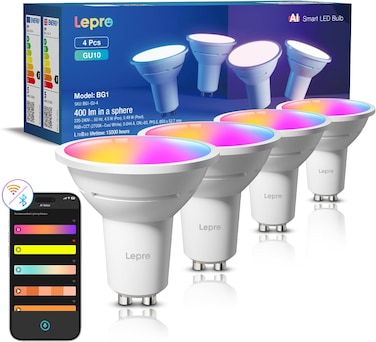 Lepro BG1 AI Smart Bulbs GU10, 400lm 4.5W Spotlight Bulb Dimmable, RGB 2700K-5700K, 50W Halogen Equivalent, Personalized AI Lighting Designer, Voice Control Music Sync, Bluetooth &amp; WiFi Bulb, 4 Packs
