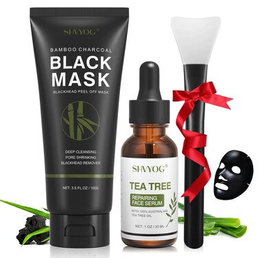 SHVYOG Blackhead Peel Off Face Mask, 3-in-1 Blackhead Remover Mask with Brush &amp; Tea Tree Oil Serum, Charcoal Mask for Deep Cleansing Dirts, Pores, Skin Oil (100g+30ml)