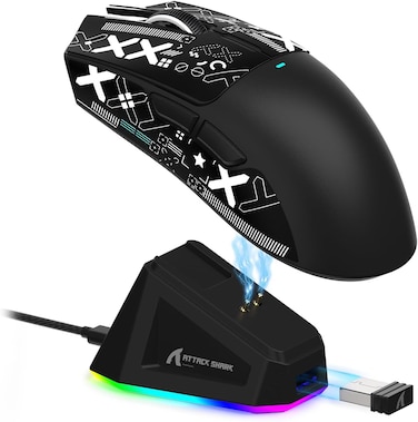 ماوس العاب لاسلكي خفيف الوزن X11 من اتاك شارك مع قاعدة شحن RGB، وضع ثلاثي 2.4G/USB-C سلكي/بلوتوث، 22K DPI، مستشعر بصري PAW3311، مفتاح هويو، 5 ازرار قابلة للبرمجة للكمبيوتر/ماك (اسود وملصق)