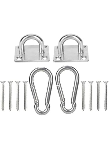 JIEOU 2PCS Premium 304 Stainless Steel Square Pad Eye Hooks with 2PCS Stainless Steel Snap Hooks and 8PCS Screws， Heavy Duty Eye Plate and Wall Mount Ceiling Hooks