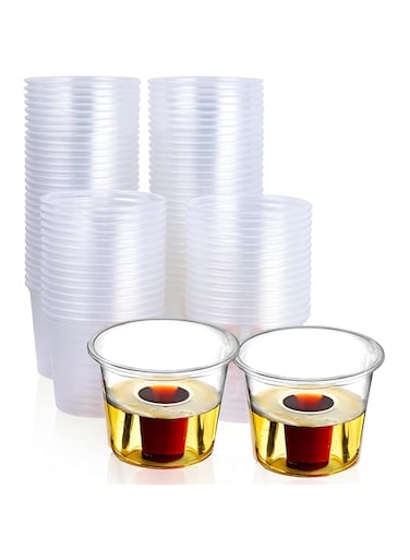 100 Disposable Bomber Cups - Durable Plastic Jager Bomb Shot Glasses, Reusable Shot Cups for Weddings, Thanksgiving, Halloween, Christmas Parties