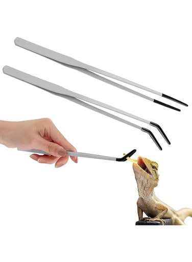 Reptile Feeding Tongs, Long Tweezers, Long Aquarium Tweezers Straight and Curved Rubber Tips, Stainless Steel, for Bearded Dragons Snakes Fish Aquarium Use Safe and Reliable Feeding Tools, 2Pcs