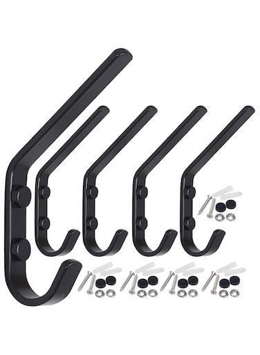 MAKINGTEC Coat Hook Wall Mounted - Heavy Duty Metal Dual Wall Hook Rack &ndash; Double Prong Robe Hooks for Bathroom Kitchen Office Entryway Closet, Single Hook, Black, 5 Packs