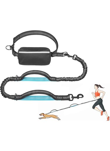 Hands Free Dog Leash with Zipper Waist Bag, Adjustable Dual Padded Handles and Durable Bungee, Dog Running Leash with Reflective function for Walking, Jogging [Medium&amp;Large Dogs](25-120 lbs, Black)