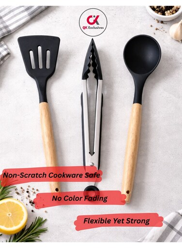Exclusives- 3 Piece Silicon Ramadan Kitchen Utensils Set with Wooden Handles including Food Turner Spoon, Ladle Spoon &amp; Kitchen Tong - High Temperature Resistant Cooking Tool Silicone for Nonstick Cookware, Black/Grey