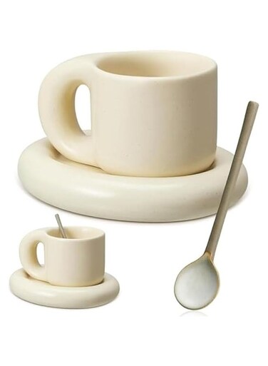 Chubby Funny Coffee Mug with Saucer 9 Oz Vintage Frosted Handmade Ceramic Mug Novelty Cute Cup and Saucer with Fat Handle for Office Home Latte Tea Milk