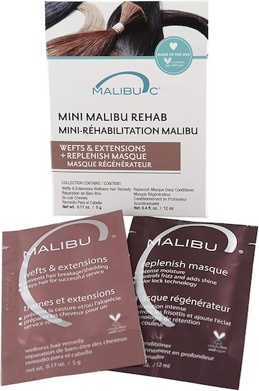 Malibu C Mini Malibu Rehab Wefts &amp; Extensions Contains 2 Hair Remedy Packets Removes Build Up and Prevents Hair Breakage Hydrating Hair Care for Preventing Breakage, 2 count