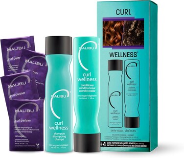 Malibu C Curl Wellness Collection Kit Curl Enhancing Shampoo, Conditioner and Curl Partner Hair Remedy Hydrating Hair Care Set with Frizz Control for Natural Curls or Perms Increases Moisture &amp; Shine
