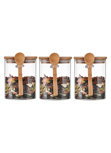Glass Storage Jar with Bamboo Lids and bamboo Spoon,Set of 3 Airtight Food Jars Kitchen Food Storage Containers with Scoop For Serving Tea, Coffee, Flour, Sugar, Candy, Cookie, Spice (Small:800ml)
