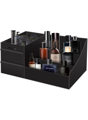 Black Vanity Organizer with Drawers &acirc;&euro;&ldquo; Large Mens Countertop Storage Box for Cologne, Skincare, Makeup, Perfume &acirc;&euro;&ldquo; Waterproof Dresser Organizer for Bathroom, Bedroom, Desk