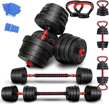 ULTIMAX 30Kg Adjustable 7-in-1 Dumbbell Set &ndash; Free Weights with Connecting Rod   Converts to Barbell, Kettlebell &amp; Push-Up Stand for Home &amp; Office Gym