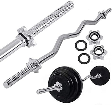 ULTIMAX Curved Chrome Steel Curl Bar &ndash; Threaded Weightlifting Bar with Collars for Biceps &amp; Triceps Workouts