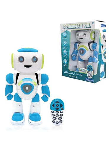 LEXIBOOK ROB20AR Powerman Jr. Smart Interactive Reads (Language Arabic) in The Mind Toy for Kids Dancing Plays Music Animal Quiz STEM Programmable Remote Control Boy Robot Junior Green/Blue