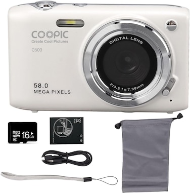 COOPIC C600 White HD Digital Camera with 16GB SD Card, 58MP, 4K Video, Ideal for Travel, Vlogging, and Creative Photography
