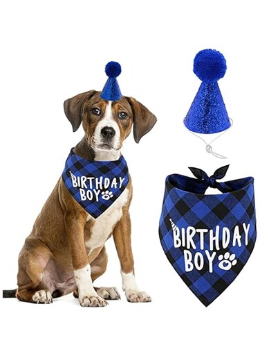 SKEIDO Dog Birthday Bandana Scarf and Birthday Hat Dog Birthday Party Supplies Plaid Pet Printed Cotton Scarf Boy Girl Puppy Birthday Hat Scarf for Pet