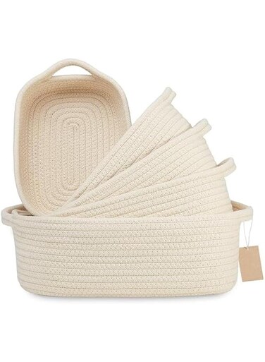 5-Piece Rectangle Storage Basket Set- Natural Cotton Rope Woven Baskets for Organizing! Small Basket for Montessori, Baby Nursery, Dog/Cat Toy Box, Bathroom Organization Bin (Beige)