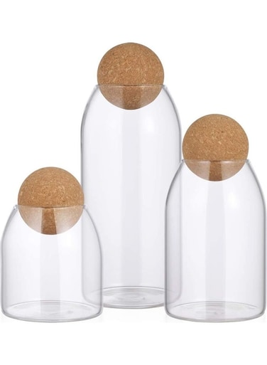 3-Pieces Storage Jar with Cork Ball Clear 1 x 14, 1 x 18.5, 1 x 23.5cm