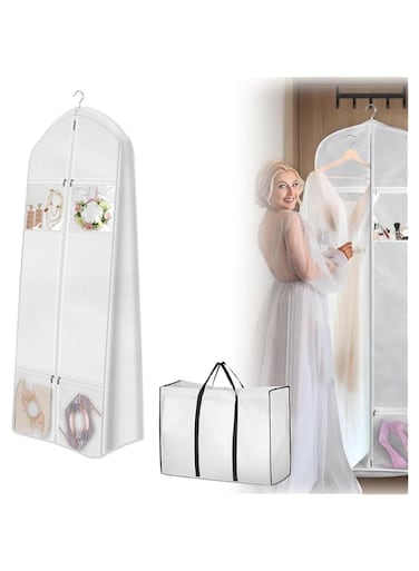 Azonee Portable 70" Wedding Dress Garment Bag with Bride Tote Bag - White, 8" Gusseted Dress Bags for Gowns, Long, 4 Pockets Dress Cover for Women
