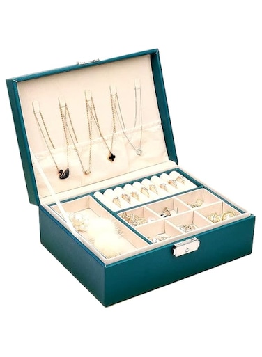 CMR Large Jewellery Box Organiser with 2 Layers, Display Storage Case, PU Leather, Removable Tray, Partitions for Necklaces, Earrings, Bracelets, Rings (Green)
