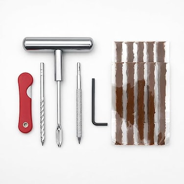 Auto Family 10 Pcs Tubeless Tire Repair Tool Kit &ndash; Heavy Duty T-Handle Plug Tool Set, Tire Plugging Kit with Reamer, Rubber Strips &amp; Adhesive for Car, Motorcycle