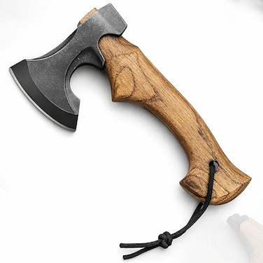 Auto Family Compact Hand Axe with Wooden Handle &ndash; Camping Hatchet Chopping Axe with Leather Sheath for Wood Splitting, Survival Tactical Axe, Outdoor Bushcraft (Compact Axe)