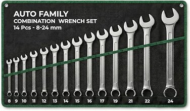 Auto Family 14pcs - 8-24mm Metric Combination Wrench Set &ndash; Steel Spanner Set with Roll Up Storage Pouch &ndash; Professional Open &amp; Box End Hand Tools for Auto Repair, Garage &amp; Home Use