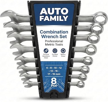 Auto Family 8pcs - 6-19mm Metric Combination Wrench Set &ndash; Steel Spanner Set with Roll Up Storage Pouch &ndash; Professional Open &amp; Box End Hand Tools for Auto Repair, Garage &amp; Home Use