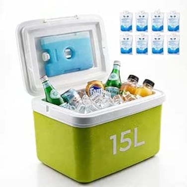 Auto Family 15L Insulated Cooler Box with Ice Packs &ndash; Portable Ice Chest for Camping, Picnic &amp; Outdoor Travel, Leakproof Food &amp; Beverage Storage Cooler