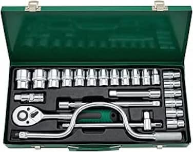 Auto Family 24Pcs Socket Wrench Set with Ratchet Handle &ndash; Steel Socket Tool Kit with Extension Bars, Universal Joint &amp; Metal Storage Case