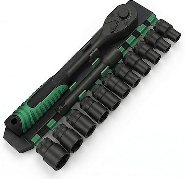 Auto Family 12Pcs Socket Wrench Set with Ratchet Handle &ndash; Steel Socket Tool Kit with Extension Bars, Universal Joint &amp; Metal Storage Case (Black)