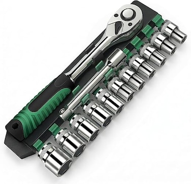 Auto Family 12Pcs Socket Wrench Set with Ratchet Handle &ndash; Steel Socket Tool Kit with Extension Bars, Universal Joint &amp; Metal Storage Case (Grey)
