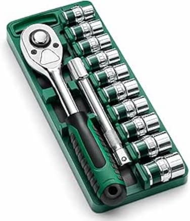 Auto Family 12Pcs Socket Wrench Set with Ratchet Handle &ndash; Steel Socket Tool Kit with Extension Bars, Universal Joint &amp; Metal Storage Case (Grey1)