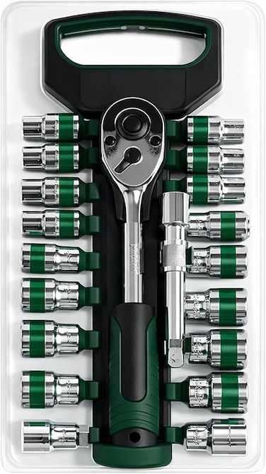 Auto Family Socket Wrench Set with Ratchet Handle &ndash; Steel Socket Tool Kit with Extension Bars, Universal Joint &amp; Metal Storage Case (20Pcs)
