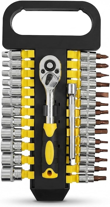 Auto Family 28Pcs Socket Wrench Set with Ratchet Handle &ndash; Steel Socket Tool Kit with Extension Bars, Universal Joint &amp; Metal Storage Case