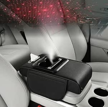 Auto Family Car Armrest with Cup Holder, USB Charging &amp; Laser Star Light &ndash; Multi-Function Center Console Organizer, PU Leather Armrest Cushion with Storage, Cup Holders (Black)