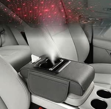 Auto Family Car Armrest with Cup Holder, USB Charging &amp; Laser Star Light &ndash; Multi-Function Center Console Organizer, PU Leather Armrest Cushion with Storage, Cup Holders (Grey)