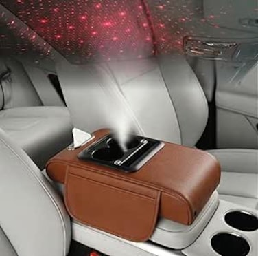 Auto Family Car Armrest with Cup Holder, USB Charging &amp; Laser Star Light &ndash; Multi-Function Center Console Organizer, PU Leather Armrest Cushion with Storage, Cup Holders (Brown)