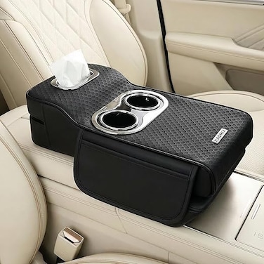 Auto Family Car Armrest Heightening Pad with Cup Holder &amp; Tissue Box &ndash; PU Leather Center Console Organizer, Car Seat Armrest Cushion with Storage Pocket for Drinks (Black)