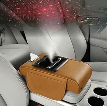 Auto Family Car Armrest with Cup Holder, USB Charging &amp; Laser Star Light &ndash; Multi-Function Center Console Organizer, PU Leather Armrest Cushion with Storage, Cup Holders (Caramal)