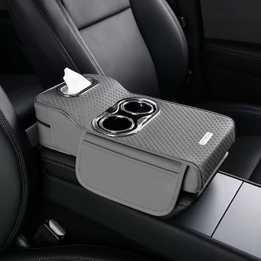 Auto Family Car Armrest Heightening Pad with Cup Holder &amp; Tissue Box &ndash; PU Leather Center Console Organizer, Car Seat Armrest Cushion with Storage Pocket for Drinks (Grey)