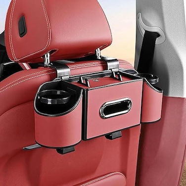 Auto Family Car Back Seat Organizer with Cup Holders &amp; Tissue Box &ndash; Headrest Mounted Car Storage Tray, Backseat Organizer with Drink Holders, Phone Slot &amp; Storage Box (Red)
