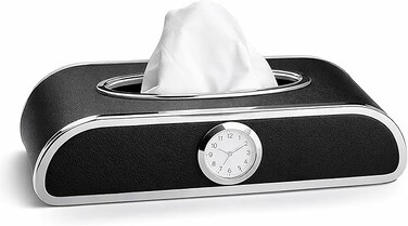 Auto Family Car Tissue Box Holder with Clock &ndash; PU Leather Dashboard Tissue Dispenser, Napkin Holder Organizer for Car Interior, Console or Dashboard Storage (Black)